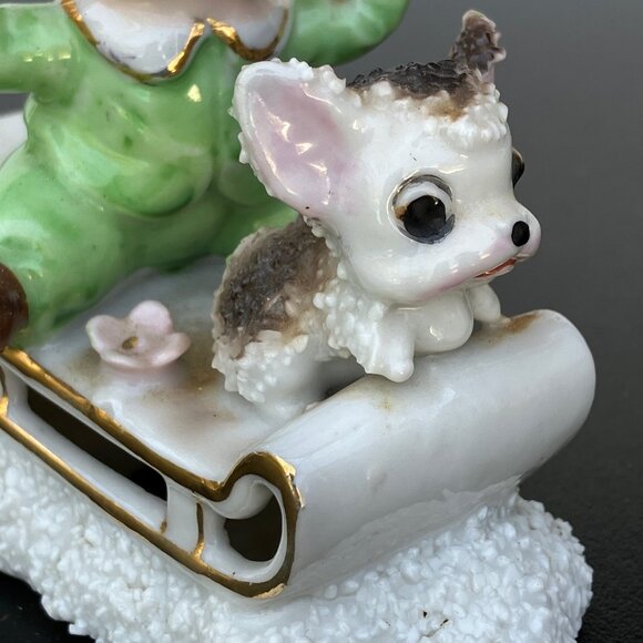 UCAGCO Japan Porcelain Sugared Sledding Boy with Puppy Figurine - Picture 3 of 12